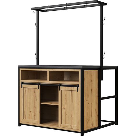 Isola cucina con 2 sgabelli, prese USB e elettriche, MDF effetto legno e nero (1/5)