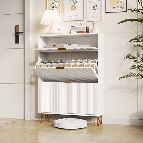 Meuble à Chaussures Slim 80x24x118.5cm,Meuble à Chaussures avec 3 tiroirs rabattables,Meuble de Rangement à Chaussures,Organiseur de Chaussures Autonome,Blanc (1/5)