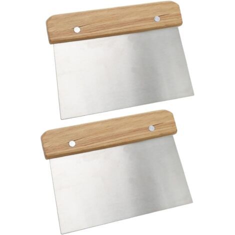 QORVA-Lot de 2 grattoirs et hachoirs en acier inoxydable argenté avec manche en bois, coupe-pâte et couteau séparateur multifonction pour gâteaux, pizzas et pains. (1/4)