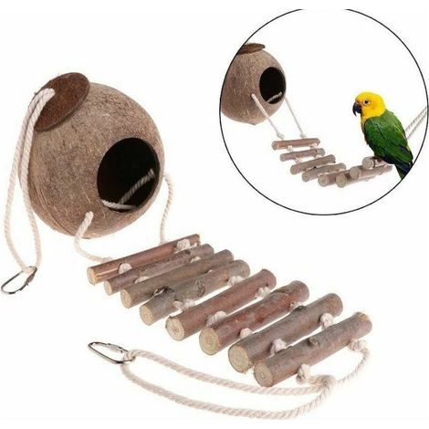 Liquidation totale Nid d'oiseau de noix de coco naturel Cage d'oiseau de noix de coco Nid d'oiseau naturel avec échelle Volière de noix de coco Perroquet Swin (1/3)