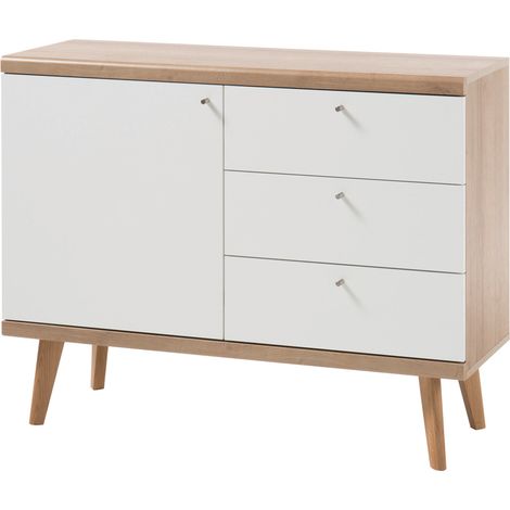 Sideboard Schubkasten-Kommode im Retro Design MAINZ-61 weiß matt mit Eiche Riviera Nb. B/H/T ca. 107x83x40cm (1/5)