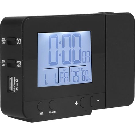 Réveil projecteur rotatif à 180°, horloge numérique LED avec connexion USB et mesure de la température et de l'humidité, noir (1/5)