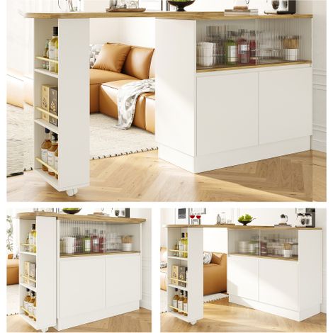 360° Swivel High Table 90x45x100cm,White Multifunctional Sideboard with Storage Compartment and Sliding Glass Door for Kitchen and Dining Room Use