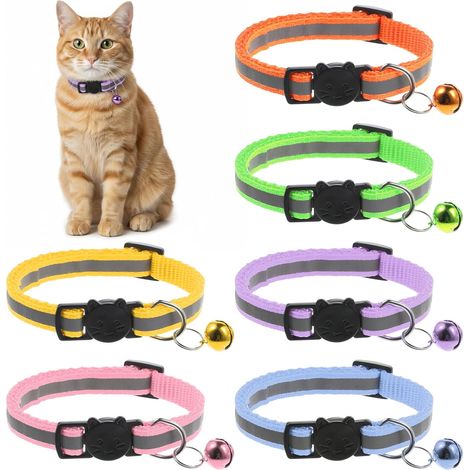 Lot de 6 colliers réfléchissants pour chat avec clochette, collier réglable de 20 à 32 cm, pour tous les chats domestiques, chiots, chats pour l'extérieur et l'intérieur (1/5)