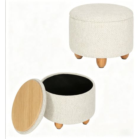 CHICFURN Pouf contenitore rotondo 39 x 39 x 33 cm in lino bianco crema, per piccoli spazi (1/5)