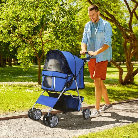 Poussette pour chien pliable 2 en 1, buggy léger bleu avec frein, moustiquaire, panier et porte-gobelets, pour petits chiens jusqu’à 10 kg - CHICFURN (1/5)