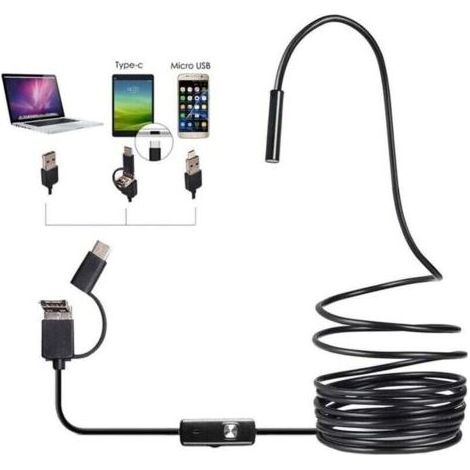 Caméra d'inspection d'endoscope 3-en-1 de 7 mm pour interface USB Android de type C, caméra de tuyau de drainage d'évier à tube avec 6 lumières LED réglables, caméra HD noire à endoscope étanche I (1/4)