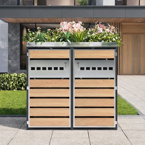 Gris bois Coffre de rangement extérieur pour poubelles avec bac (1/5)