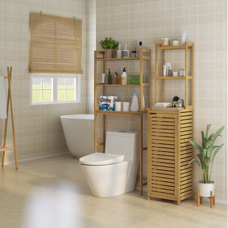 Badregal über WC aus Bambus natur, schlichtes Design, 3 offene Ablagen, platzsparend, 68 x 20 x 165 cm (1/5)