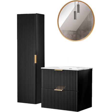 Mobile sottolavabo NOXERA 60 cm – Nero opaco – Lavabo incassato + sifone + specchio LED + colonna sospesa