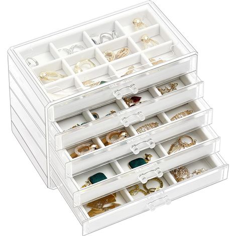 Boîte à Bijoux Transparente, 5 Plateaux Bijoux Tiroir, avec Séparateurs Amovibles, Rangement Bijoux Tiroir Acrylique, Range Boucles d’Oreille Bagues Colliers Bracelets - Blanc (1/5)