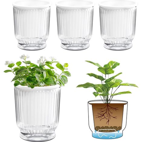 Vasi autoirriganti da 12 cm con corda di cotone e serbatoio d'acqua profondo, 4 pezzi, per orchidee, trasparenti, erbe aromatiche, vasi idroponici (1/5)