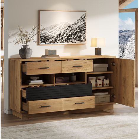 Aparador de MDF roble y negro 140x35x70 cm, 6 cajones para comedor - MEUBLIV (1/5)