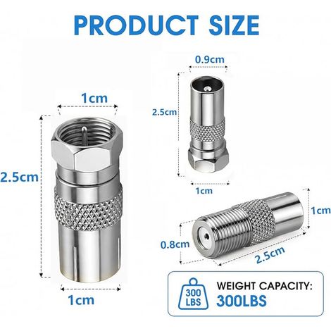 TV Antenna Adapters, F-Type Coaxial Connectors, Silver Set, Male Female Connectors for Satellite Cable TNT, Modem, Router, Receiver, Audio Video Devices (1/3)