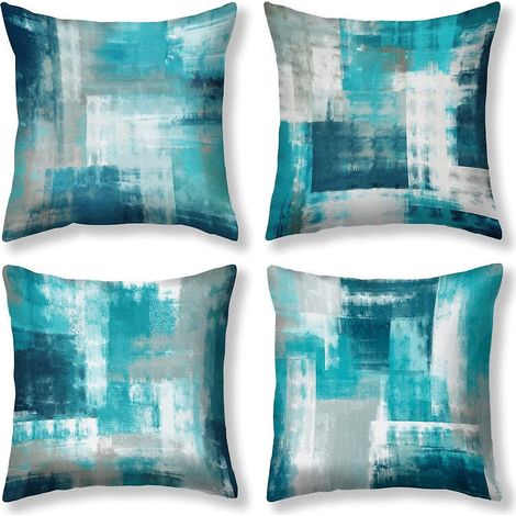 Ensemble de 4 taies d'oreiller turquoise et grises, motif artistique, taies d'oreiller décoratives, taies d'oreiller modernes, housses de coussin de canapé à motif double face 45 x 45 cm (1/4)