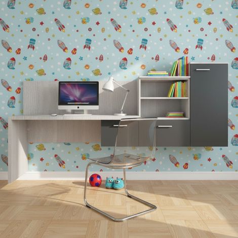 Angolo studio con scrivania parzialmente sospesa e libreria - Design moderno e personalizzabile - Rovere rock