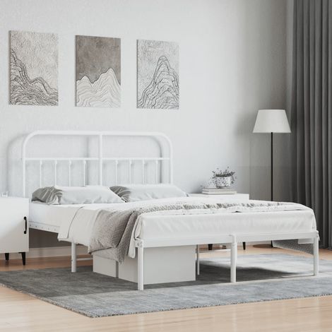 Lit double,Lit adulte,Cadre de lit métal avec tête de lit blanc 150x200 cm164494 (1/5)