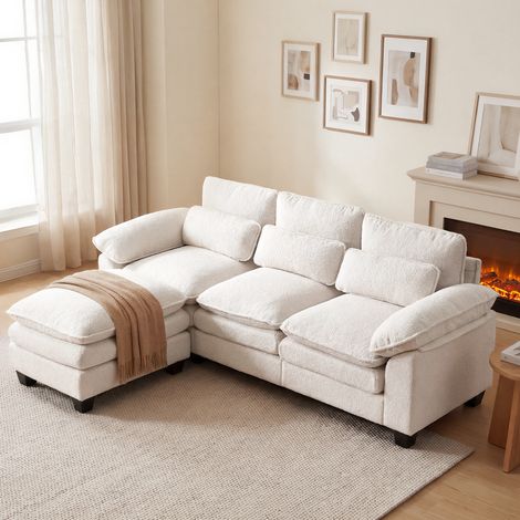 Canapé d'angle réversible 226x76x88cm,coussins doubles, canapé en L avec pouf amovible, canapé en velours Teddy 3 places beige