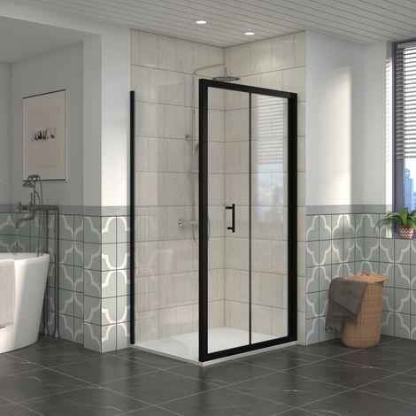 NRG Bathroom Bi- Fold Shower Door Black Framed + Side Panel, 1000 x 1000mm Shower Enclosures with White SMC Square Shower Tray (1/5)