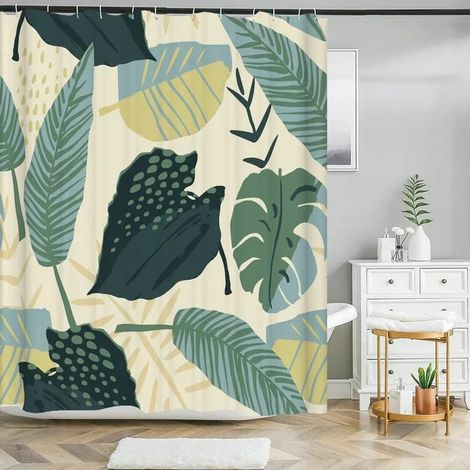 Cortina de ducha abstracta con motivos vegetales, 150 x 180 cm, estilo bohemio, impermeable, estilo tropical medieval, lavable, con 12 ganchos. (1/4)