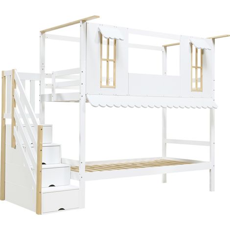 Kinder-Hochbett 90x200 cm weiß/natur mit Stauraumtreppe (1/5)