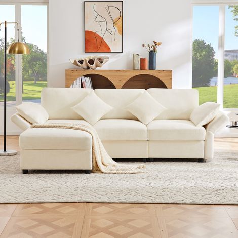 Divano angolare modulabile 218x156,5x86 cm in ciniglia beige FloraGrace (1/5)