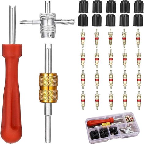 33Pcs Demonte Obus Valve Kit D'outils Réparation, Extracteurs de Noyau de Valve à Double et à Une Tête + 1 Outil de Valve 4 Voies + 10 Capuchons de Valve de Pneu + 20 Valve Core (1/5)