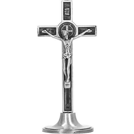 Croix catholique de table, crucifix sur pied de 12 cm avec socle amovible, crucifix catholique en métal argenté, idéal pour la décoration ou comme cadeau. (1/5)