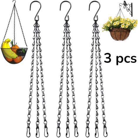 Lot de 3 chaînes de suspension pour pots de fleurs, paniers suspendus, plantes et corbeilles à fruits. Chaînes en fer noir avec crochet en S. Chaînes de suspension robustes pour pots de fleurs (noires (1/5)