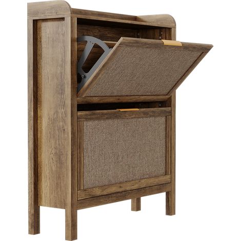 Meuble à chaussures en rotin pour entrée – 2 tiroirs basculants – étagères réglables – poignées dorées dissimulées – design étroit autoportant – finition bois gris – motif grain de bois gris (1/5)