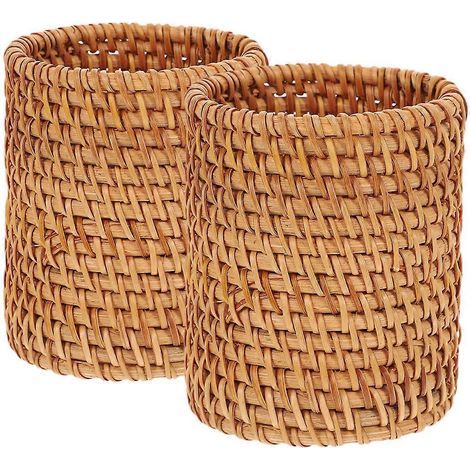 Set aus 2 Stiftehaltern aus geflochtenem Rattan, handgefertigter Stiftebehälter, Kosmetikhalter, Schreibwarenzylinder – 10,00 x 7,50 x 7,50 cm (1/4)