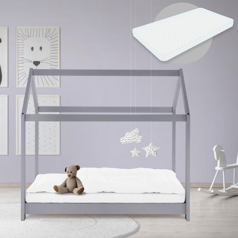 ML-Design Kinderbett 70x140 cm Hellgrau mit Matratze, Dach und Lattenrost, Hausbett für Mädchen und Jungen, Kinderhaus aus Kiefernholz, Bodenbett Jugendbett, Kinder Bett, Bettenhaus Spielbett Holzbett (1/5)