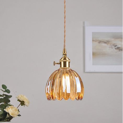 Lustre, plafonnier suspendu avec abat-jour en verre, suspension vintage, luminaires suspendus en métal, lustre décoratif à fleurs (avec ampoule) (1/5)