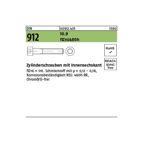 DIN 912/ISO 4762 Zylinderkopf-Schaftschraube 10.9 M 8 x 45 flZnL/nc/x/x/480h/C flZn 100 Stk (1/3)