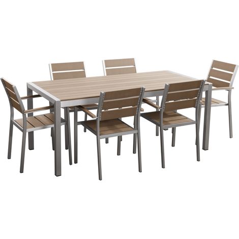 Conjunto de jardín 6 plazas de metal plateado madera clara plástica mesa sillas Vernio (1/5)