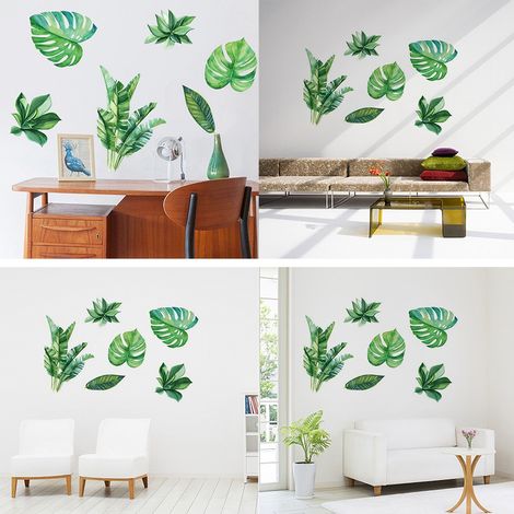 Sticker mural décoratif en forme de feuilles vertes pour salon ou chambre (1/5)