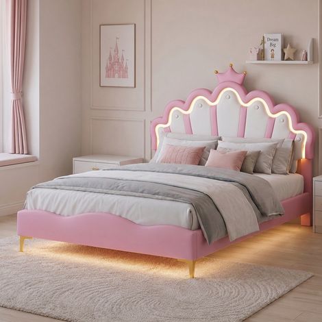 Lit double 140x200cm, Lit capitonné princesse en forme de couronne avec LED, Structure en simili cuir PU et bois pour chambre d'enfant fille, Rose (1/5)