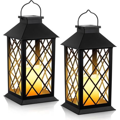Juego de 2 faroles solares, impermeables IP44, con LED parpadeante, de plástico, para jardín, patio o mesa. (1/5)