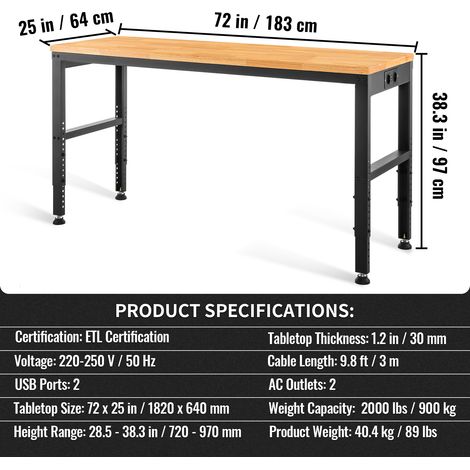 Mophorn Höhenverstellbare Werkbank, 183 x 64 cm Garagentisch, 72 - 97 cm Höhe, 900KG Belastbarkeit, Steckdosen, Hartholzplatte, Metallrahmen, Fußpads, Büro Heimwerkstatt (1/4)