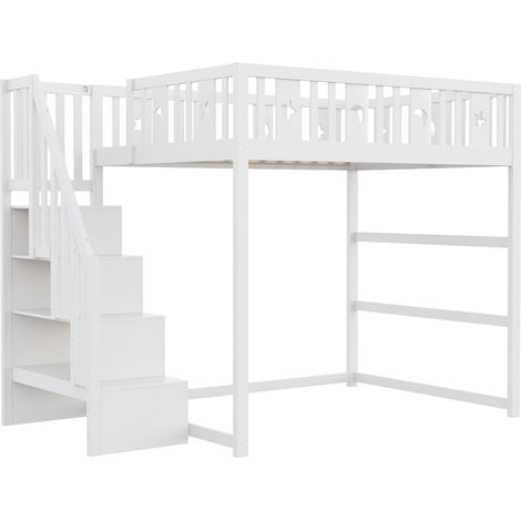 Hochbett 253x145x171 cm, con scala e scaffali integrati, zona salotto, legno massiccio bianco (1/5)