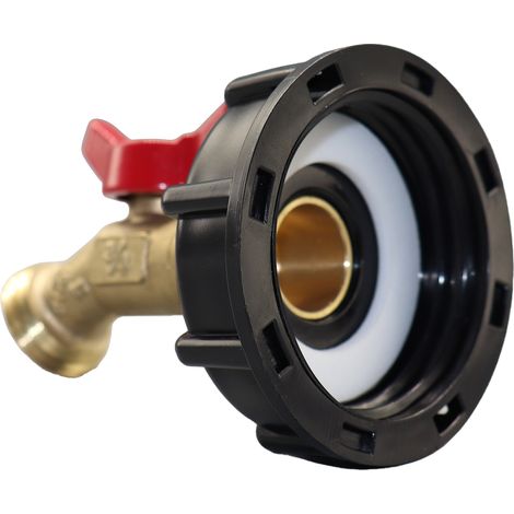 Adaptador de válvula de bola IBC para conexión de bidones, junta de cobre de 60x6 mm/62 mm, 1/2", negro, 79 g, resistente a la corrosión. (1/5)