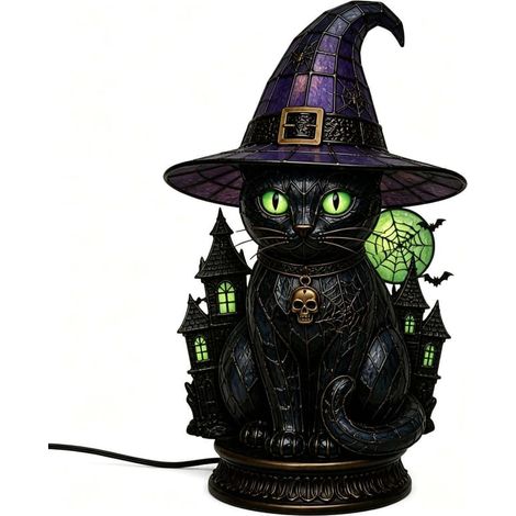 Lampada da cappello da strega di Halloween, lampada da tavolo in stile vintage, luce notturna a LED in vetro in stile gotico per camera da letto e mensola, teschio e gatto (1/5)
