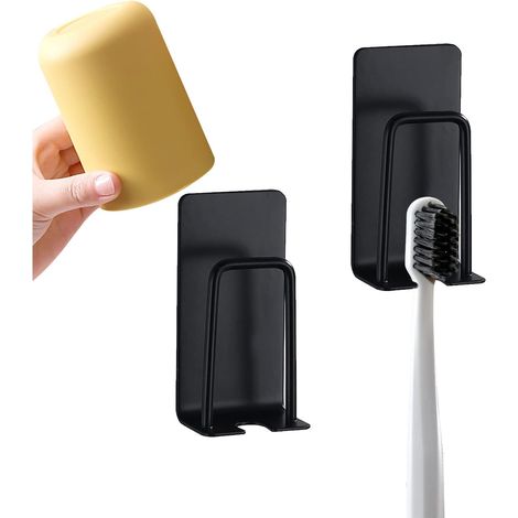 2 Supports Brosse Dents Noirs Mural Sans Perçage (1/5)