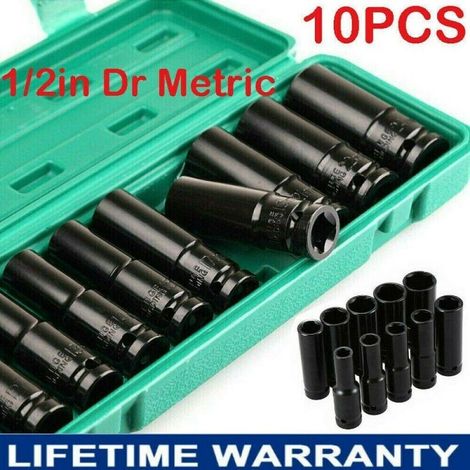 FLITI 10-Piece Set of 1/2" Long Impact Sockets (10-24mm) Chrome Vanadium Steel Black (1/5)