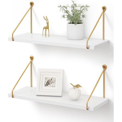 Étagères Murales Modernes en Bois Blanc et Métal Doré, Lot de 2 Étagères flottantes en bois et métal, pour livres, plantes et déco, cuisine, salle de bain, chambre et salon (1/5)