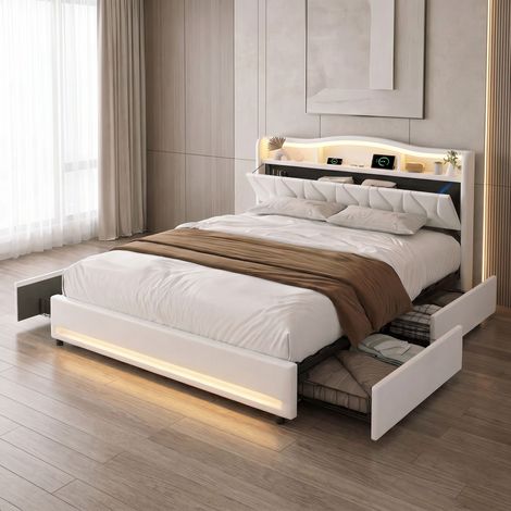 Lit double capitonné 140x200 avec 4 tiroirs, LED, tête de lit de rangement et USB, lit adulte avec rangement en velours style moderne, Beige (1/5)
