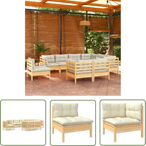 INLIFE Salon de jardin 9 pcs avec coussins crème Bois de pin solide (1/5)