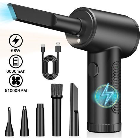 PC-Druckluftlüfter, 3 Geschwindigkeitsstufen, 51.000 U/min, elektrische Druckluftzufuhr mit LED-Leuchte, 2-in-1 Mini-Auto-Tastaturlüfter-Set mit tragbarer Aufbewahrungstasche (1/5)