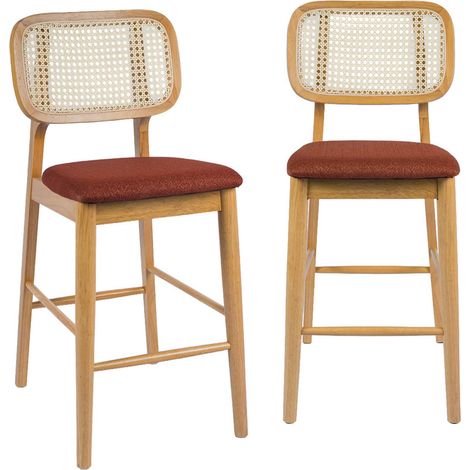 sweeek - 2er-Set Barhocker aus Heveaholz mit Rattan-Geflecht und Stoffbezug Natur / Terrakotta