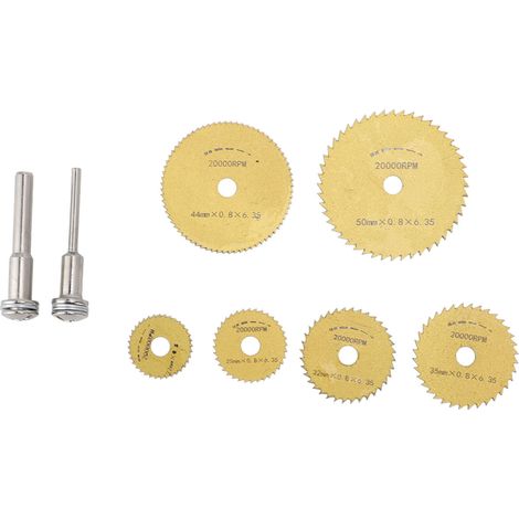 Ensemble de 8 disques de coupe en acier rapide (HSS) ultra-fins et incisifs, mini, pour bois, métal et acier (dorés). (1/5)